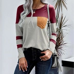 🆕NEW!🛍️Burgundy Striped Pocket Patch Top